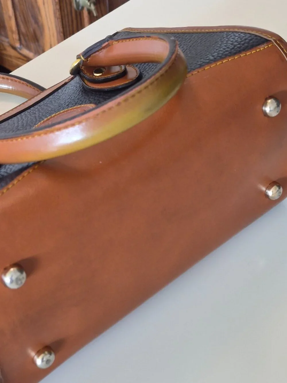 Vintage Dooney & Bourke AWL Small Satchel Top Handle Navy British Tan